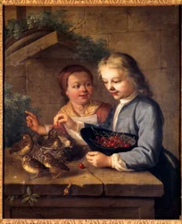 Dexu の子供たちの恩人は鳥にさくらんぼをあげます。 Gabriel Gresly (1712-1756) による絵画 18 世紀 ディジョン、美術館