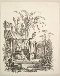 座っている中国人男性と魚を運ぶ女性1742年。