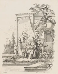 子供と召使いと一緒に座っている女性、カリフォルニア州。 1738-45。