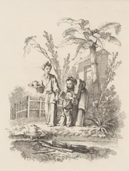 池の近くのテーブルにあるティーポットに向かって子供を導く 2 人の女性、カリフォルニア州。 1742年。