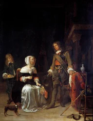 少女を訪ねる兵士 ガブリエル・メツ（1629-1667）の絵 17世紀 日0,63x0,47 m