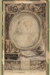 コウモリのいる寓意的な額 1769年頃（ペン・インク画）