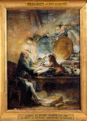 Le Reve ou Voltaire (1694-1778) Maidを構成する」Gabriel Jacques de Saint Aubin (1724-1780)の絵画 日。0,32x0,24 m