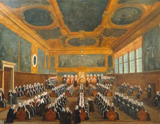 ガブリエル・ベッラ（1730-1799）作「プレガディ評議会」、油彩・キャンバス、96x149cm