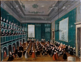 La cantata delle putte delli Ospitali アントニオ・ヴィヴァルディの時代にヴェネツィアの病院で集められた孤児たちが合唱団を構成していた。ガブリエル・ベッラ(1730-1799)による絵画 18世紀 ヴェネツィア・ケリーニ・スタンパリア宮殿