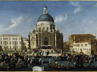 サンタ・マリア・デッラ・サルーテでの貴婦人の結婚式（Sposalizio di una nobil dama a Venezia in Santa Maria della Salute） - Gabriele Bella（約1730-1799）の絵画、94x148cm。ヴェネツィア、ケリーニ・スタンパリア財団