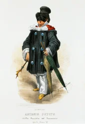 パロディ作品「The Troubadour」の舞台衣装を着た俳優Antonio Petito（1822-1876）、Gaetano Dura（1805-1874）のリトグラフ。