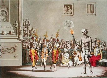 ヒンドゥー教のギョレン・ギアトラ祭を祝う3人のバルトーク、ジュール・フェラリオ著「Le Costume Ancien et Moderne」（1820年代〜30年代に出版）のプレート52（カラーリトグラフ版