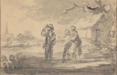 Landscape with three figures, cottage, and church spire   1444020   ja       japanese Successfully Translated  Original: Uguisuzuka Adauchi No Zu: Sasaki Genzaemon, Sakuragi (colour woodblock print) Translat: Uguisuzuka Adauchi No Zu: Sasaki Genzaemon, Sak