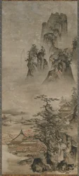 風景: 山、小川、家