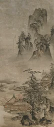風景：山、小川、家々、室町時代、16世紀初頭。