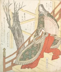 扇を持つ宮廷女官—満開の桜、19世紀。