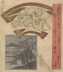 中国の詩人または哲学者を描いた扇形のデザイン。