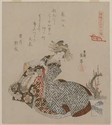 鉢植えの梅の木のそばで読む花魁