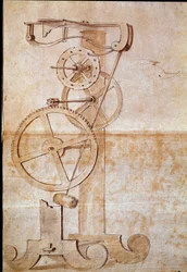 イタリアの天文学者・物理学者ガリレオ・ガリレイ、通称ガリレオ（1564-1642）が1638年に時間を測定するため研究した、計量振り子付き時計。素描。フィレンツェ、国立図書館