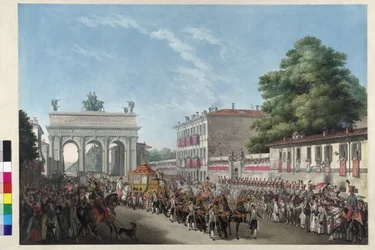 1825年5月10日、ミラノにおける皇帝フランツ1世の入城（アクアチント）
