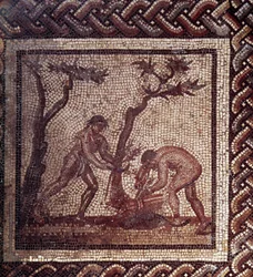 ガロ・ローマン・アート：素朴なカレンダーを表現したモザイク舗装。茅葺きの風景。日本統治時代の2世紀末から3世紀初め。サン・ロマン・アン・ガル（ローヌ）より。サン・ジェルマン・アン・レイ国立考古学博物館