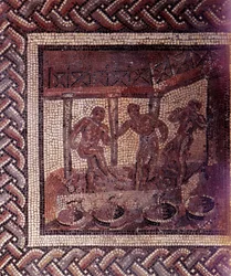 Gallo Roman Art: 素朴なカレンダーを表現したモザイク舗装。桶の中の葡萄を踏むシーン。日本統治時代の2世紀末から3世紀初め。サン・ロマン・アン・ガル（ローヌ）より。サン・ジェルマン・アン・レイ国立考古学博物館
