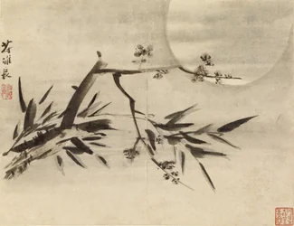 竹、梅の花と月