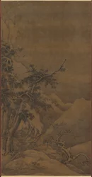 1100 年代の山岳地帯の冬の風景の中の木立の中の鳥。