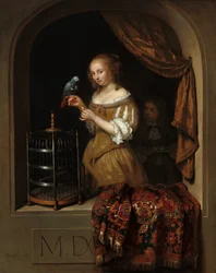 オウムに餌をやる女性、ページ付き、1666年。