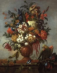 壷の花の静物画、赤いオウムを添えて