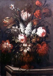 チューリップ、シャクヤク、水仙などの花の静物画（油彩・キャンバス）