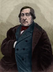 イタリアの作曲家、ジョアキーノ（ジョアッキーノ）・ロッシーニ（1792-1868）の肖像 ナダールの撮影によるエングレーヴィング。