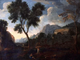 ガスパール・デュゲ（1615-1675）作「谷間の狩人」、油彩・カンヴァス、56x67cm。
