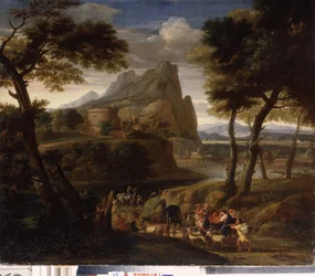 「旅行者のグループのいる風景」(キャラバンのいる風景) ガスパール・デュゲ (1615-1675) による絵画 17 世紀 国立野外博物館 パレス ガッチナ、サンクトペテルブルク