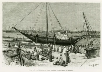 ザンジバル（タンザニア）の市場にあるテペ。1882年と1883年にG.Revoilが執筆した「Voyage among the Benadirs, Somalis and Bayouns」をG.Vuillierが描いたもので、Edouard Charton (1807-1890)が監督した「le tour du monde 1888」に収録されている。