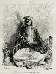 ナルガイルを吸っているジョハールの肖像。G.Vuillierによる、Ladによる "pelerinage au Nedjed, cradle of the Arab race "の物語を説明するためのエングレーヴィング。