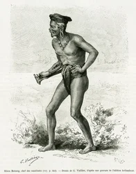 人食い人種の首領、シボウ・モバン。カール・ボックの「De Koutei a Bandjirmasin, voyage through Borneo」の挿絵としてG.Vuillierが描いたもので、Edouard Charton (1807-1890)監督の「le tour du monde 1890」に収録されている。