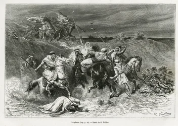 手を使って略奪するガズー（ラツィア）。1878年から1879年にかけて、アンナ・ブラント夫人が、エドゥアール・シャルトン（1807～）の指揮の下、『Tour du monde』誌に掲載した「アラブ民族発祥の地、ネジェッドでのペレリネージ」という物語を説明するために、G.Vuillierが描いた版画。
