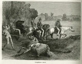 フランス海軍の医師ジュール・クレヴォーが1878年から1879年にかけて『tour du monde』誌に掲載したDe Cayenne aux Andesの物語を説明するための、G.Vuillierの図面に基づくエングレーヴィング（テラブルの谷を探検するための馬上の探検）。