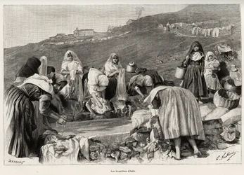 オシロ（イタリア）のラベンダー、洗面器の周りに集まる女性たち。1890年、ガストン・ヴュイリエ（1845-1915）によるエングレーヴィングと物語「ラ・サルデーニュ」、エドゥアール・シャルトン（1807-1890）の指揮による『Le tour du monde, nouveau journal des voyages』第2期に掲載された。