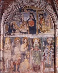 キリスト降誕と聖人たち」ガウデンツィオ・フェッラーリ（1475-1546）のフレスコ画、サン・ジューリオ島のサン・ジューリオ聖堂、オルタ・サン・ジューリオ島、イタリア
