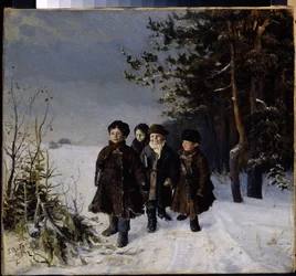 学校から戻る - Gavriil Fyodorovich Rybakov (1859-?) による絵画、キャンバスに油彩