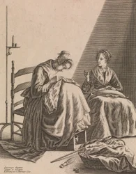 裁縫をする 2 人の女性、「5 つの女性の職業」からのプレート 1、約 1640-57。