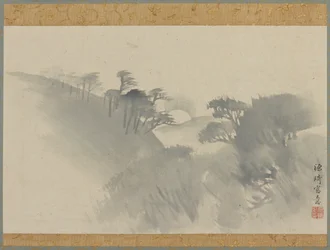 丘、木々、月の出のある風景、江戸時代、1747～1868年。