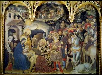 ジェンティーレ・ダ・ファブリアーノ(1370-1427)作「木彫彫像マギの崇拝」 1423年。日。3x2,8 m フィレンツェ、ウフィツィ美術館