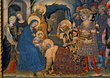 賢者の礼拝、3人の王の聖母子の詳細、パネルに1423テンペラ