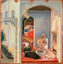 聖ニコラスの誕生、Gentile da Fabriano (1370-ca 1427) による Quaratesi Polyptych の predella からのパネル、パネル上のテンペラ、355 x 36 cm