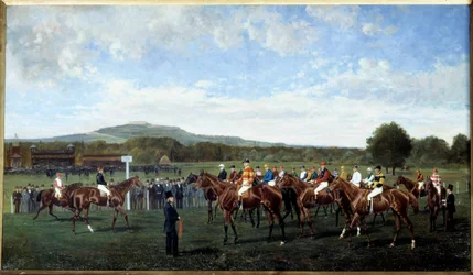 1877年にフォイ男爵から贈られたロンシャンに出発 競馬場でレースのスタート時に馬を準備。 Geo Arnull の絵画 (19 世紀) 1877 年。パリ、ソシエテの奨励