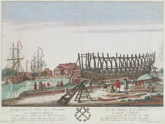 1779年、フリッシンゲンのゼーラント提督造船所の眺め。リトグラフ（36.3x49.1cm）、ゲオルク・バルタザール・プロブスト（1732-1801）のデッサンに基づくライゼルによるエングレーヴィング。