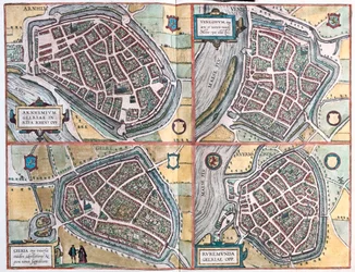 アーネム、ゲルトレ、フェンロ、ローモンド（オランダ）-ゲオルク・ブラウン著「Civitates Orbis Terrarum」ケルン1617年所収