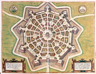 イタリアのエトナ山を背景にしたカターニア-ケルンのゲオルク・ブラウン作「Civitates Orbis Terrarum」所収