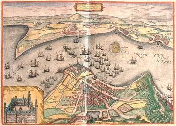 デンマークのヘルシンゴール - スウェーデンのヘルシンボリ - ゲオルク・ブラウン著「Civitates Orbis Terrarum」ケルン1617年所収