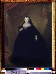 「エリザベート・ペトロヴナ (1709-1762) の肖像、ピョートル大帝の娘であるエリザベート 1 世の名前でロシアの皇后」彼女は変装し、手にマスクを持っています。 Georg-Christoph (Georg Christoph) Grooth (1716-1749) による絵画 1748 State Tretyakov G