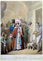 パッセージ・パノラマ：「Au gargantua: merchant de edible du Mondains, passers-by, mercant and misereux in a gallery of the 3rd arrondissement.ジョージ・エマニュエル・オピッツ（1775-1841）によるエングレーヴィング 19世紀 パリ、カルナヴァレ美術館